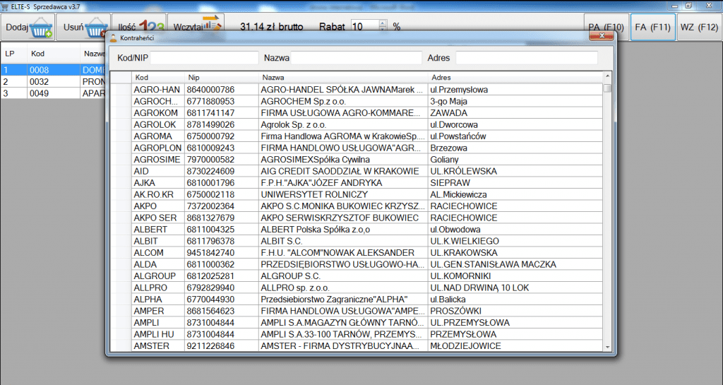 POS OPTIMA list akontrahentów