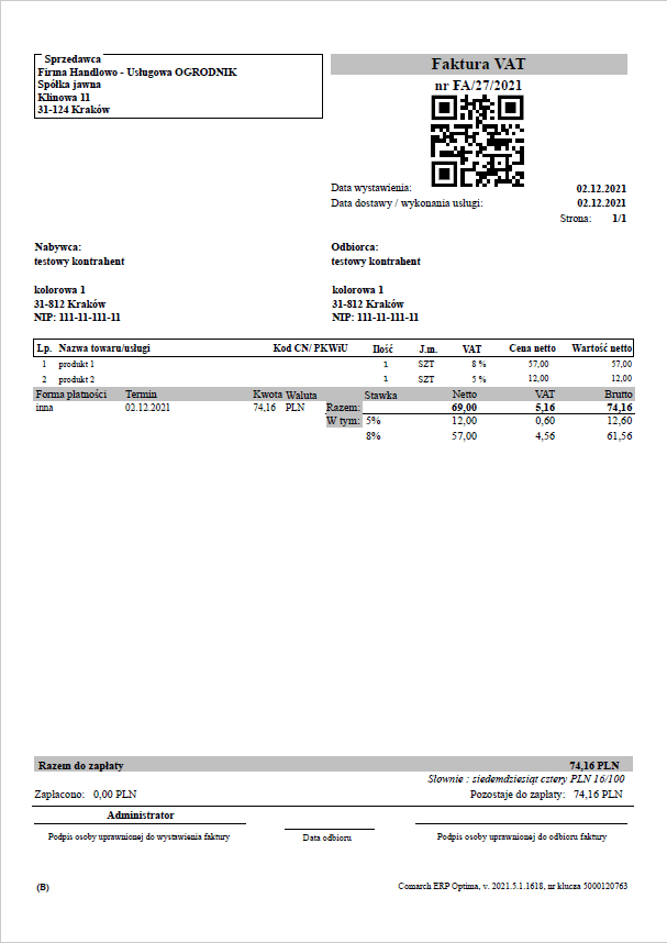 ERP Optima wydruk z kodem QR