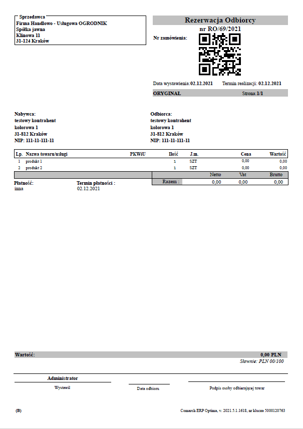 ERP Optima wydruk z kodem QR