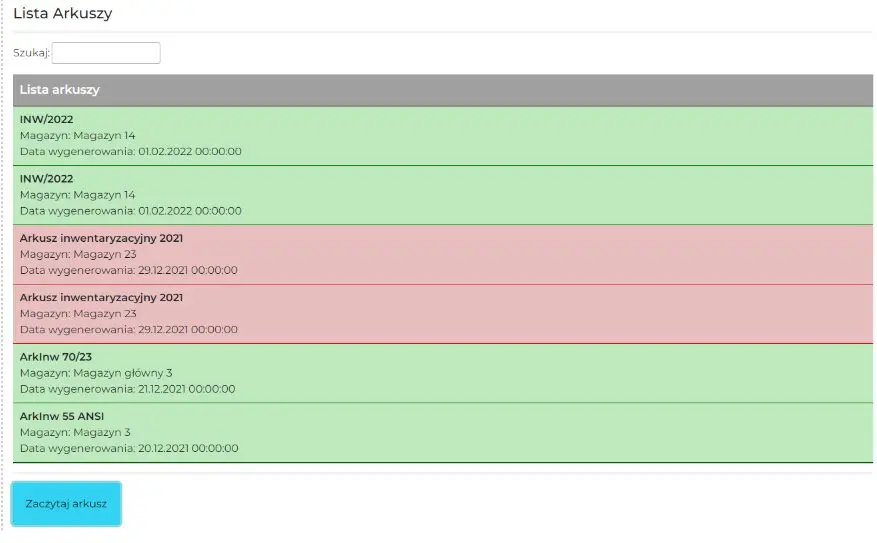 Inwentaryzator ERP Optima Lista Arkuszy