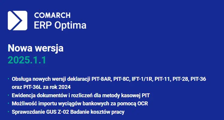 Zmiany Comarch ERP Optima 2025.1.1