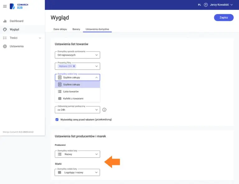Comarch B2B - Ustawienia domyślne list producentów i marek