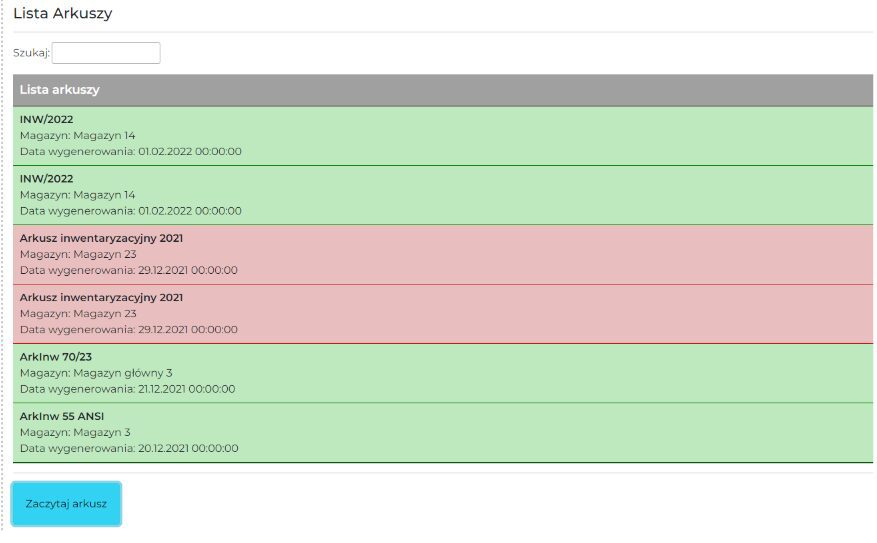 Inwentaryzator ERP Optima Lista Arkuszy