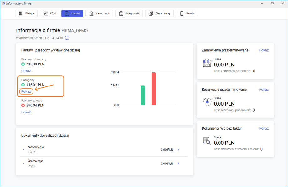 Zakładka paragony w module handel Comarch ERP Optima 2025.1.1
