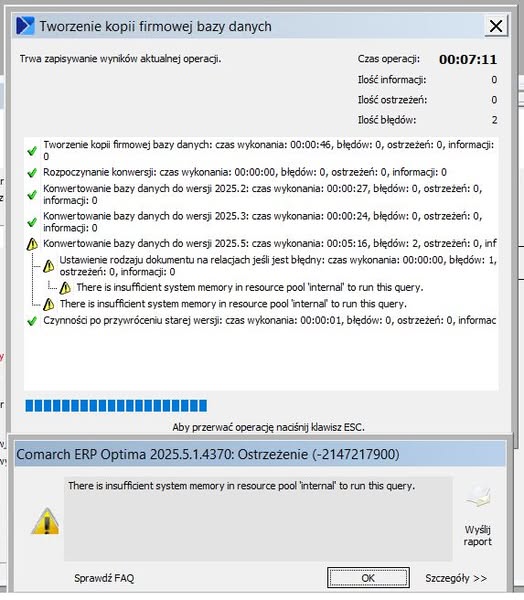 Bład Comarch ERP Optima - There is insufficient system memory in resource pool 'internal' to run this query