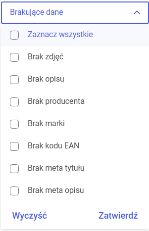 Filtrowanie towarów – filtr „Brakujące dane” Comarch e-Sklep
