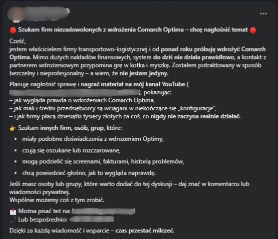 Opinia klienta o nieudanym wdrożeniu Comarch ERP Optima i problemach z partnerem wdrożeniowym