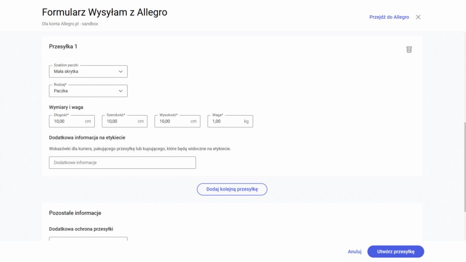 Widok formularza Wysyłam z Allegro Comarch e-Sklep