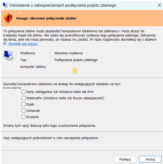 Ostrzeżenie o zabezpieczeniach połączenia pulpitu zdalnego wyświetlane podczas otwierania pliku RDP po aktualizacji Microsoft.