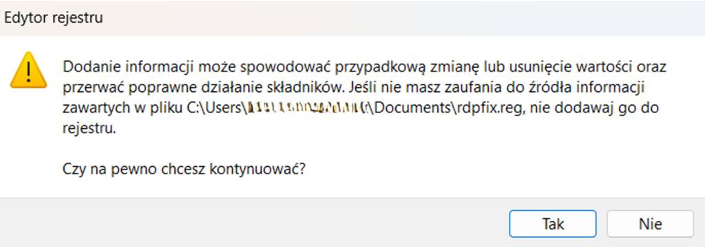 Okno Edytora rejestru z pytaniem o potwierdzenie dodania informacji z pliku rdpfix.reg do rejestru Windows.