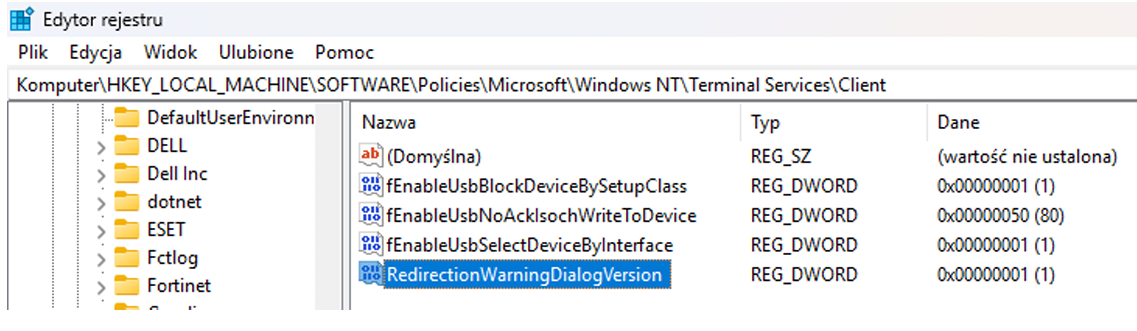 Edytor rejestru Windows pokazujący klucz klienta usług terminalowych oraz wartość RedirectionWarningDialogVersion ustawioną na 1.