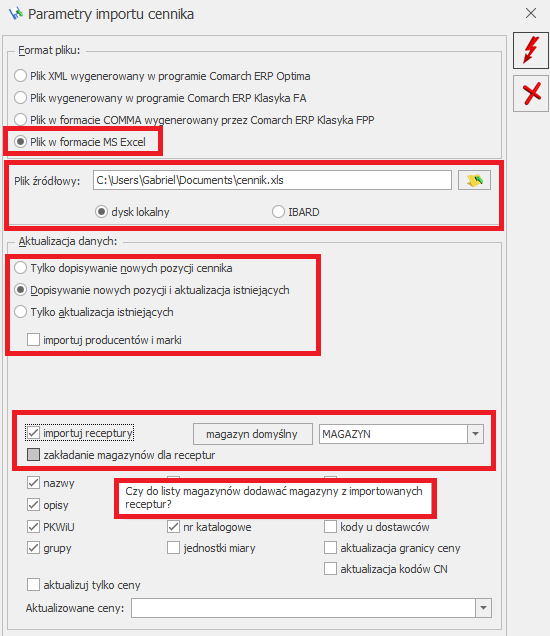 parametry importu cennika z zaznaczonymi kluczowymi opcjami