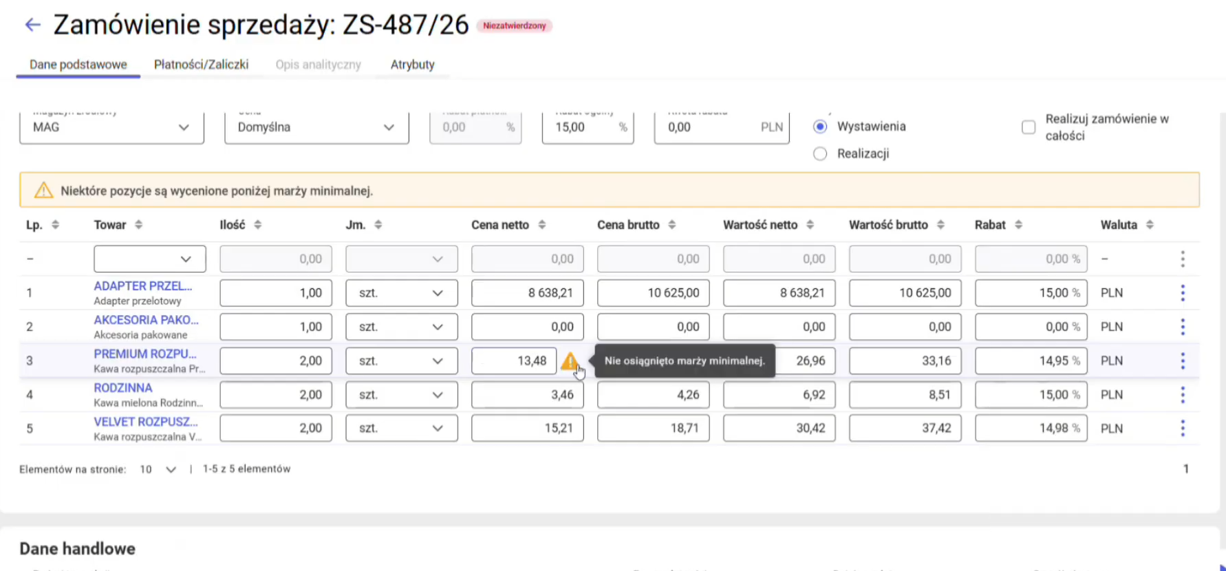 Zamówienie Sprzedaży Comarch ERP XL Web