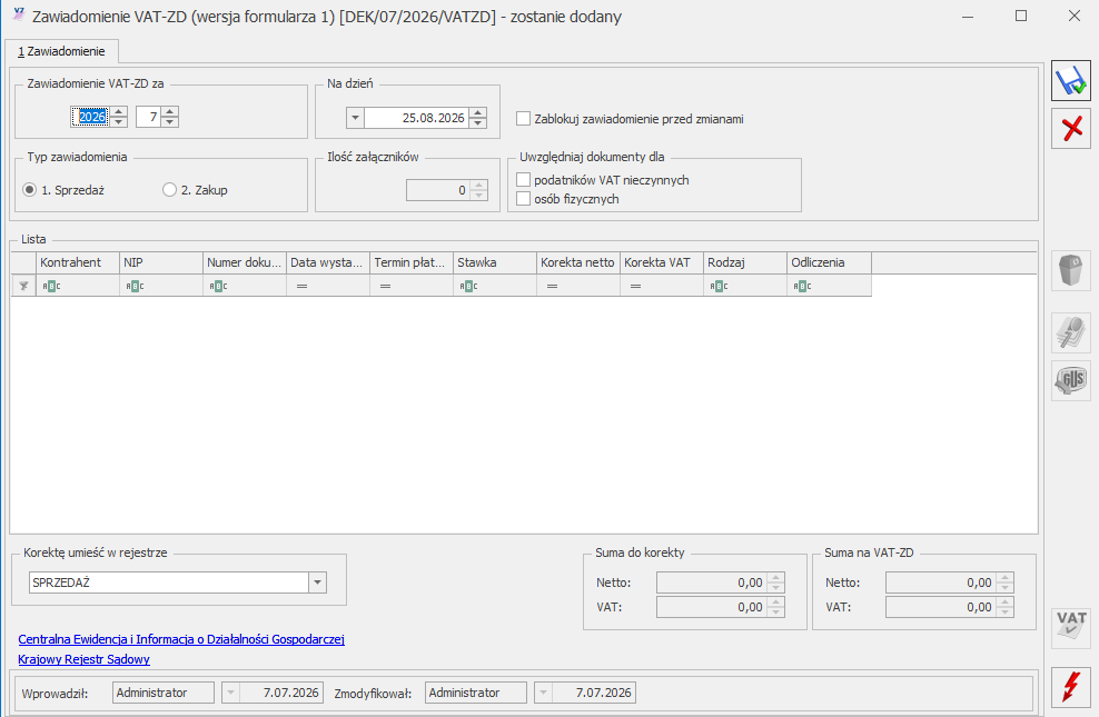 Zawiadomienie VAT-ZD - Comarch ERP Optima