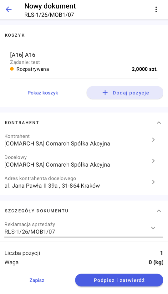 Formularz reklamacji sprzedaży w Comarch Mobile 2026.2.