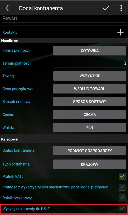 Parametr wysyłki dokumentów do KSeF w Comarch Mobile 2026.2.