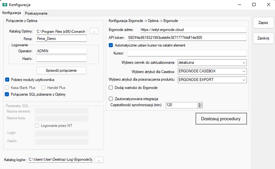 Konfiguracja integracji Comarch ERP Optima z Ergonode PIM — ekran programu 1